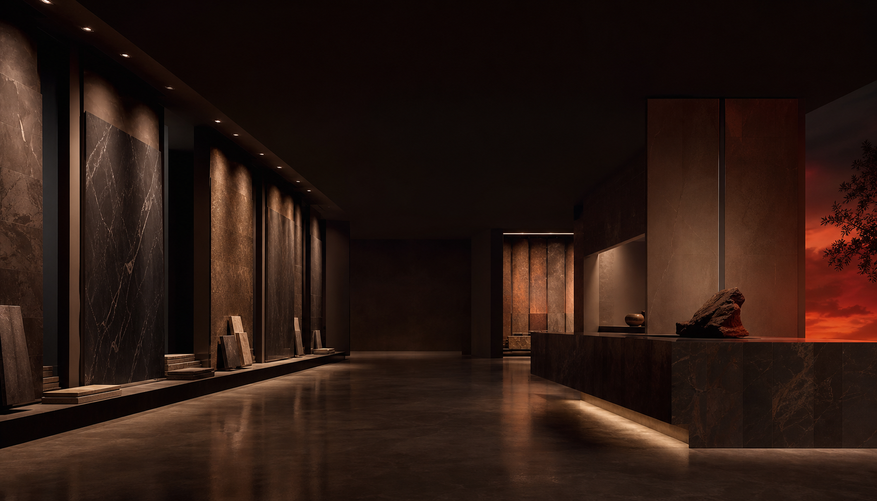 Loş ışıkta mermer teşhir panelleri ve banyo ürünleriyle showroom atmosferi