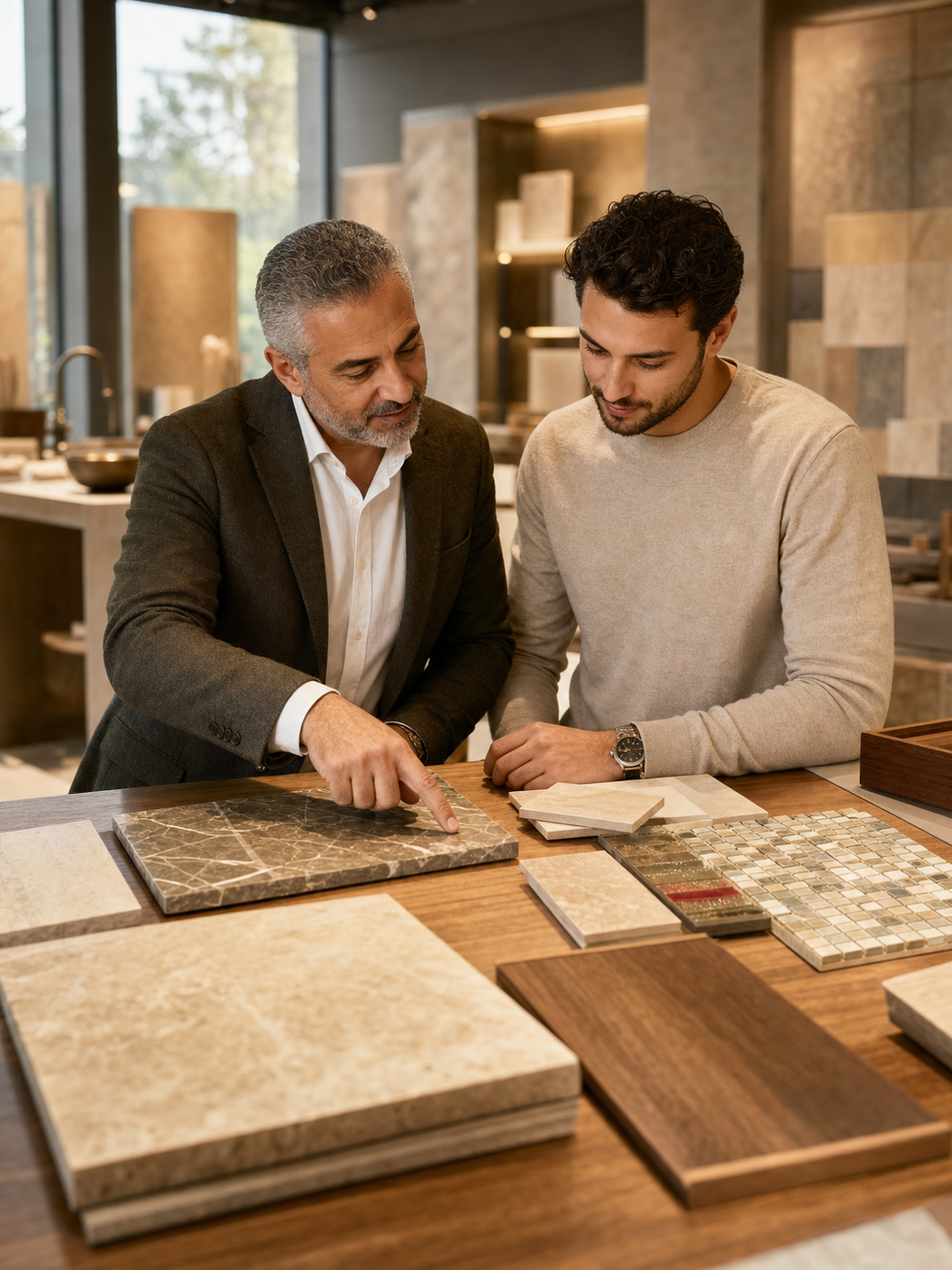 İki Mehmet Ceylan Yapı çalışanı showroomda mermer ve seramik numunelerini inceliyor