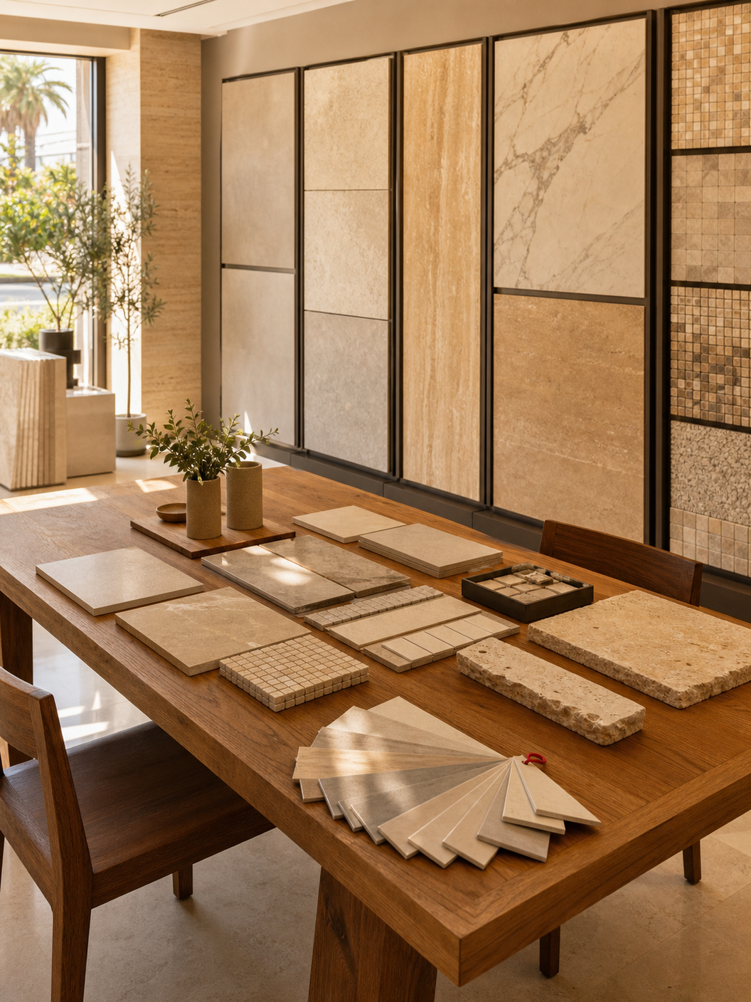 Ahşap masa üzerinde doğal taş ve seramik numunelerinin sergilendiği showroom