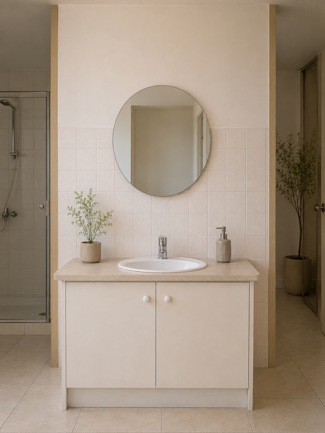Sıradan malzemeyle yapılmış sade banyo: küçük lavabo, yuvarlak ayna ve düz seramik